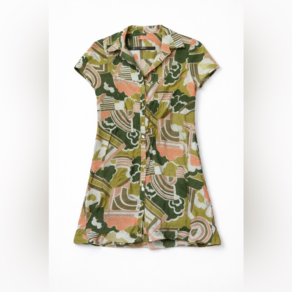Anthropologie Short Printed Button-Front Mini Dress in Green and Pink - Picture 6 of 7